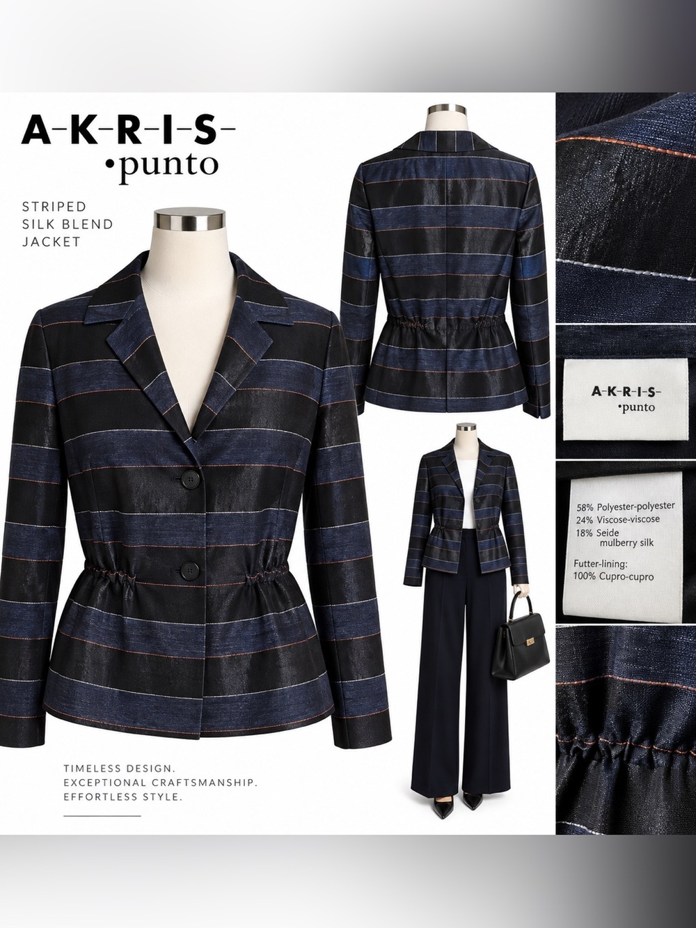 Akris Punto Striped Silk Blend Blazer Jacket Navy Black US 12 $920